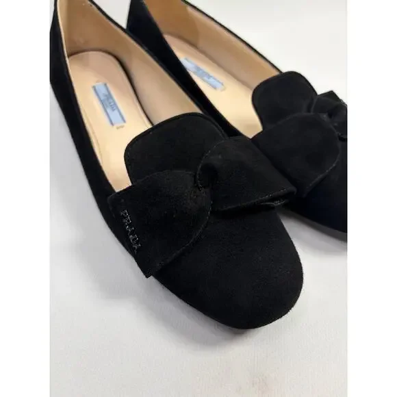 PRADA Black Suede Prada Signature Logo Bow Flat Slipper Shoes Size 37.5 - Picture 5 of 10